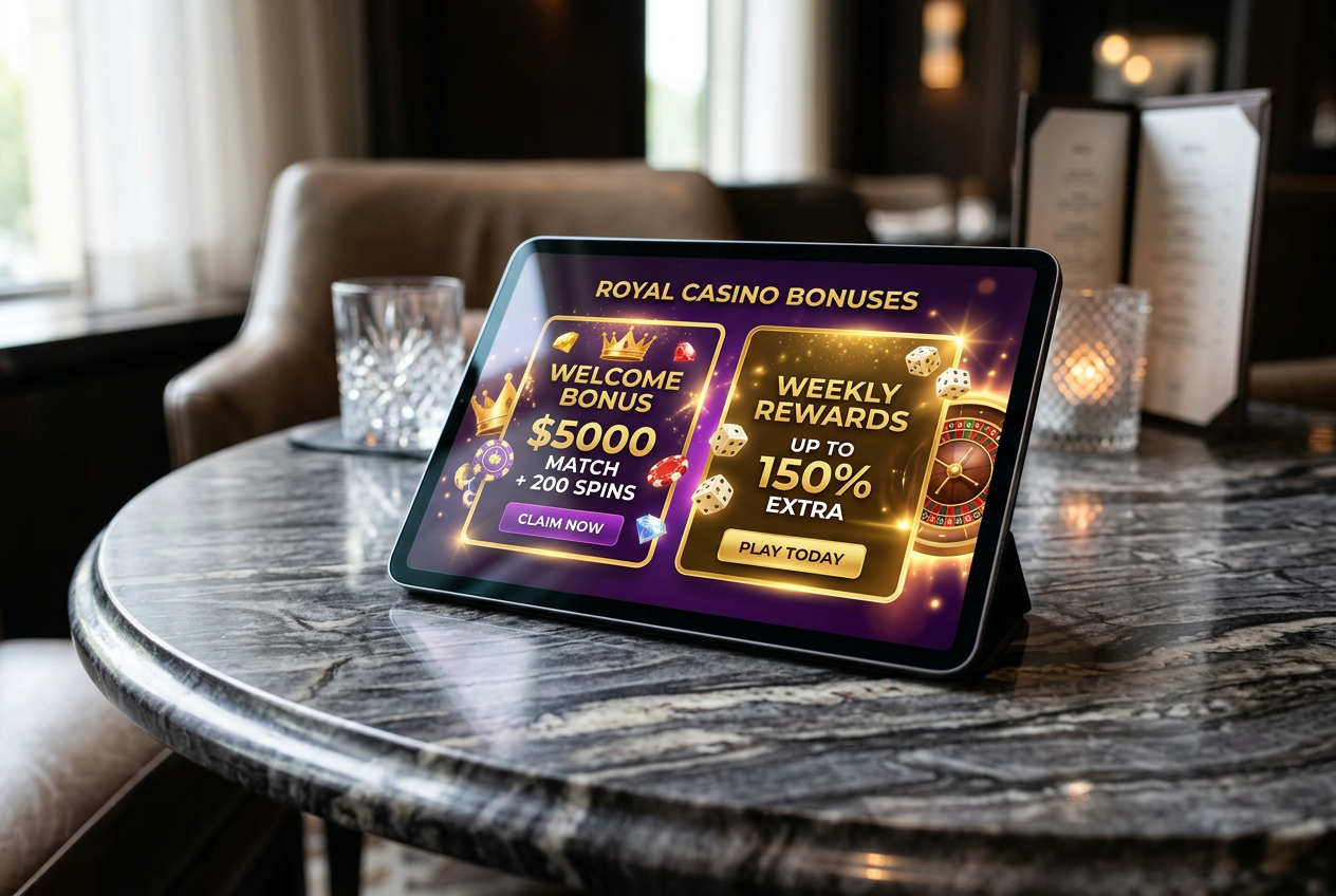 A professional photograph of a digital interface showing various casino bonus options.