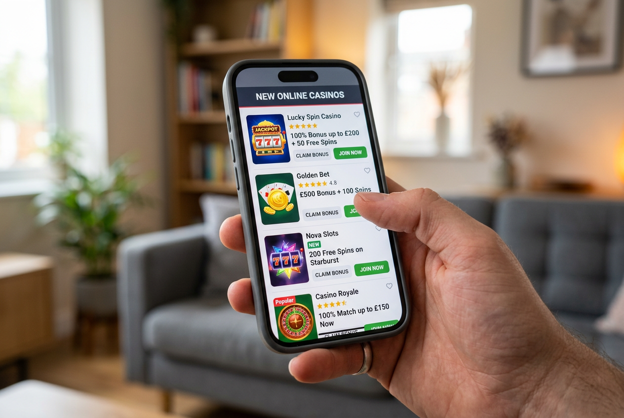 A person reviewing new casino platforms on a smartphone
