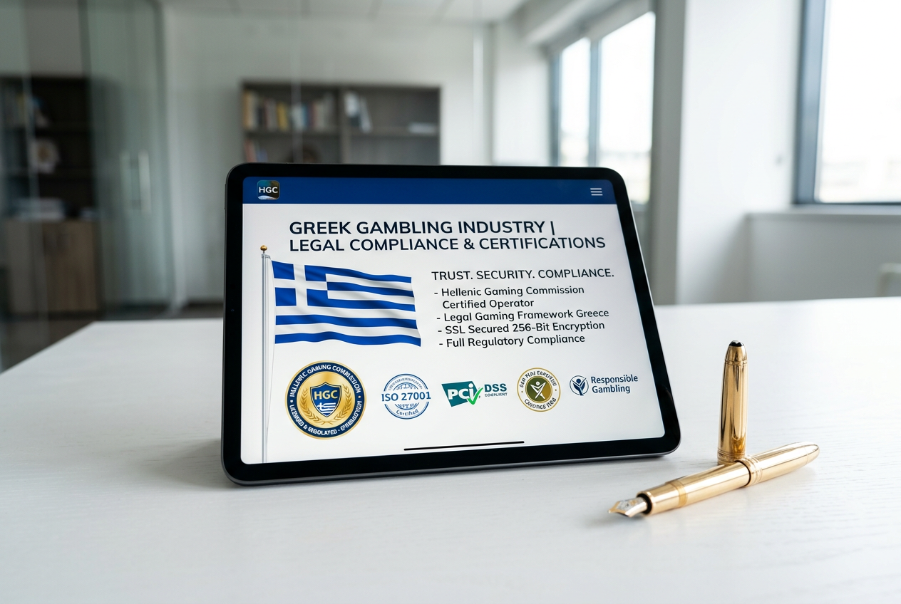 Digital tablet showing Greek flag and security certificates